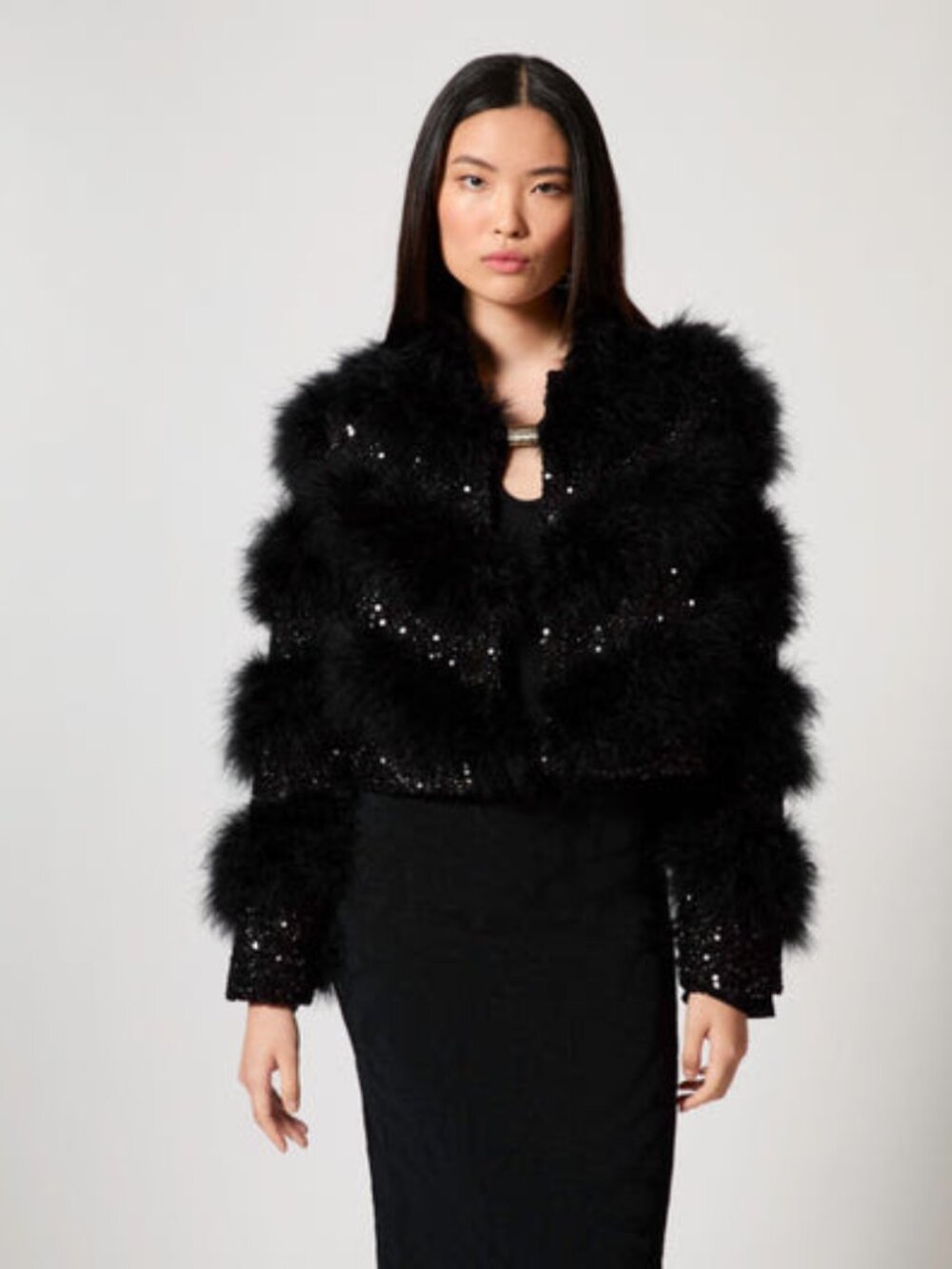 Adrienne Landau Blair Sparkle Tweed & Maribou Feather Jacket